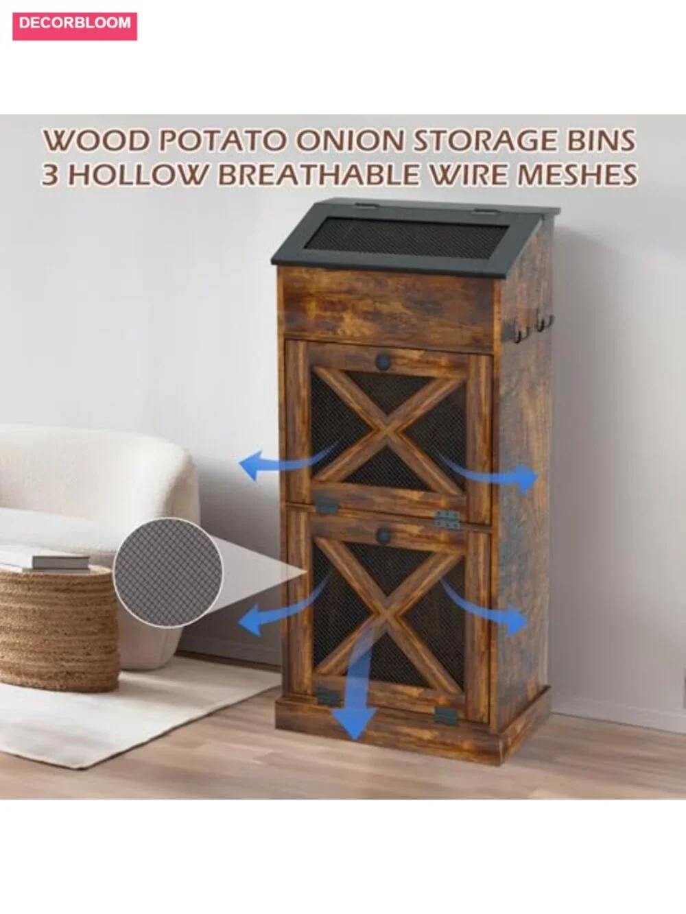 MDF Wood Potato Onion Storage Bin with Lid and Ventilated Wire Mesh Doors for